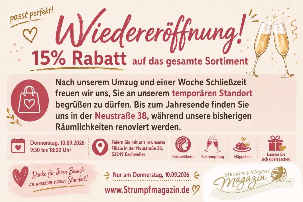 Wiedereröffnung im Strumpf & Wäsche Magazin mit 15 Prozent Rabatt am 10.09.2026